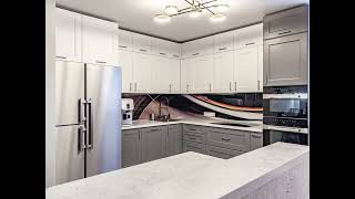 Неоклассическая угловая серо-белая кухня с островом Проект 18 фото 9