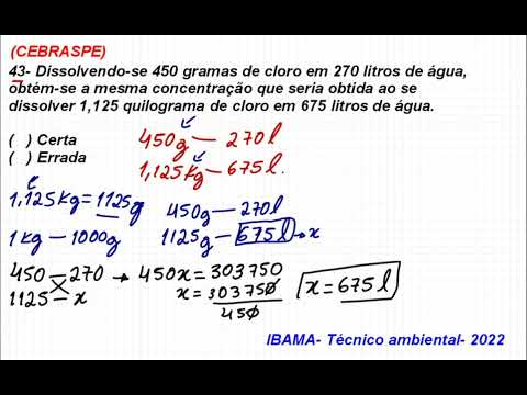 CEBRASPE-IBAMA-Técnico Ambiental 2022-Nível médio: 43-Dissolvendo-se 450 gramas de cloro em 270 ...