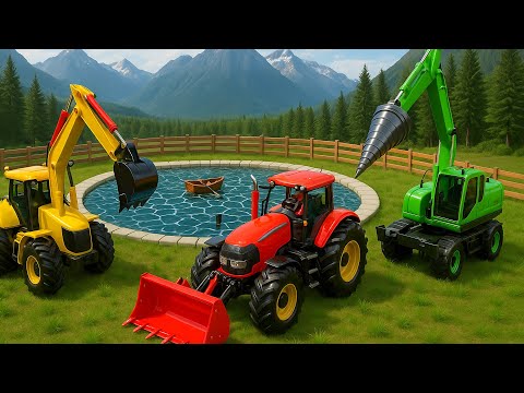 Farm Works: Excavator & Tractor Dig Big Water Pond on the Field!