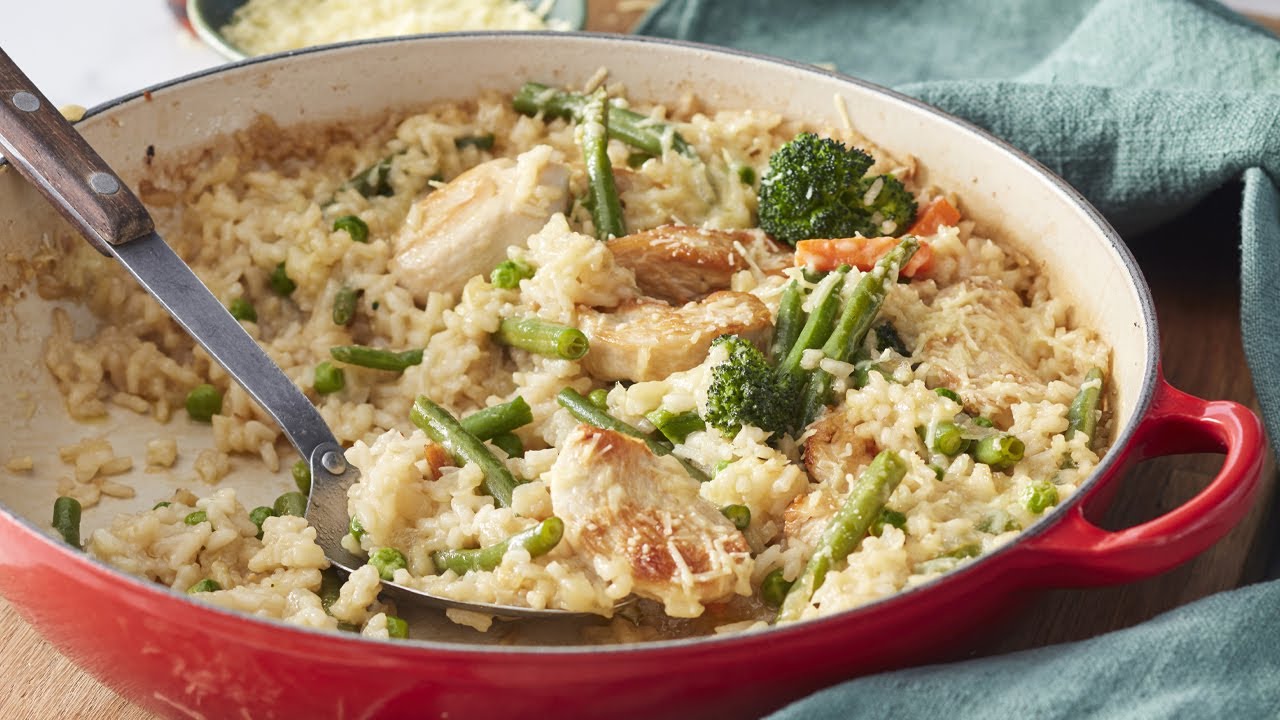 watch video Oven-Baked Chicken and Vegetable Risotto
