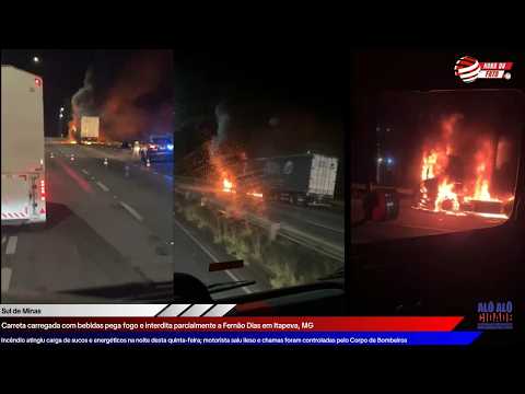 Carreta carregada com bebidas pega fogo e interdita parcialmente a Fernão Dias em Itapeva, MG