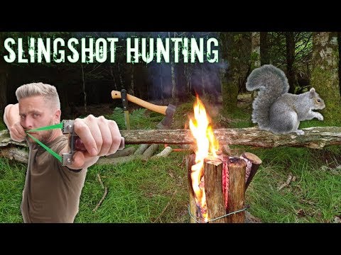 Catch and Cook Squirrel Swedish Torch Log Fire | High Tech Slingshot | Catapult Hunting