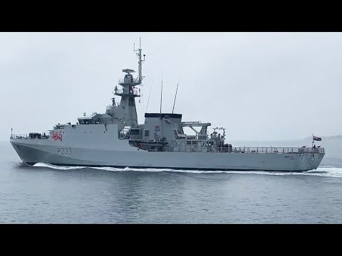 HMS Tamar leaving Portsmouth for further sea trails.