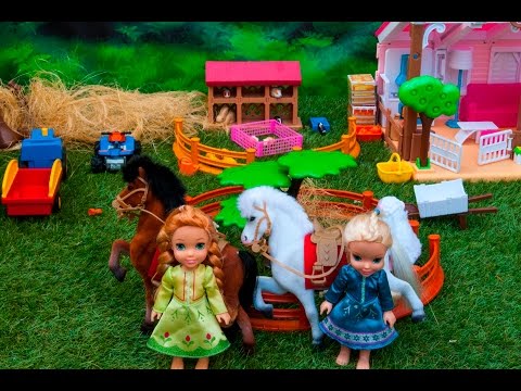 Elsa and Anna toddlers at the farm with Barbie, horse riding, water splash and relax and pool fun