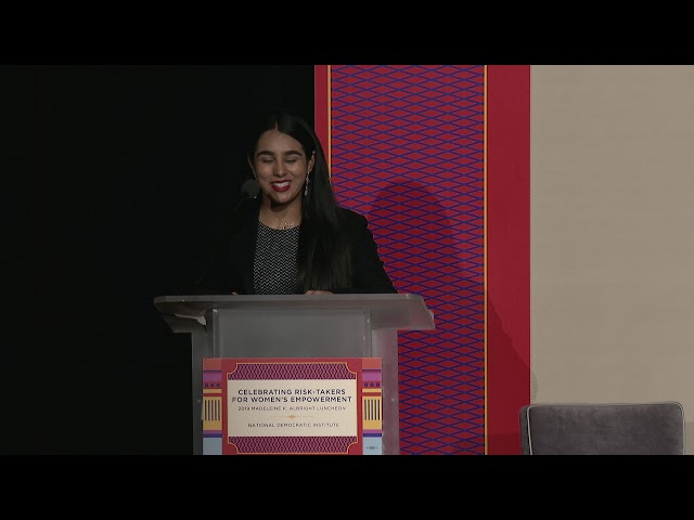 Tarina Ahuja delivers remarks at 2019 Madeleine K. Albright luncheon.