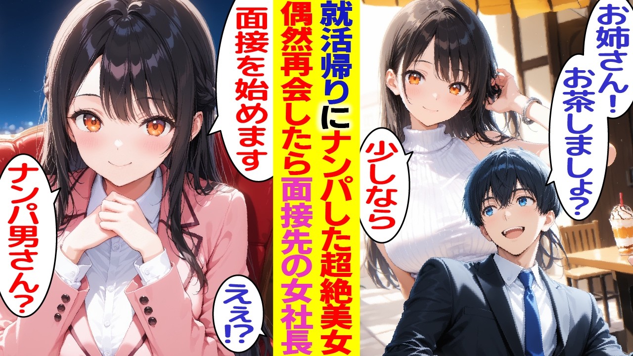 【漫画】「お姉さん、お茶しない？」就活中の俺がナンパした美女。数日後、面接で再会し「頑張って、ナンパ男さん？」実は女社長だった【胸キュン漫画】【恋愛漫画】【AI漫画】