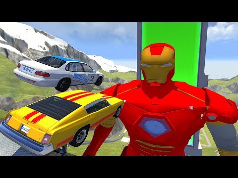 Crazy Vehicle High Speed Jumps Over IRON MAN In Vertical Green Slime Pool - BeamNG.drive Jumps