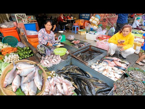Cambodian Wet Market Food Scenes - River Fish, Vegetables, People Activities & Food | TourWithPapa