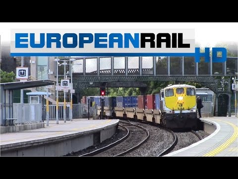 Iarnród Éireann Irish Rail 071 loco 079 + DFDS Liner passes Portarlington Station