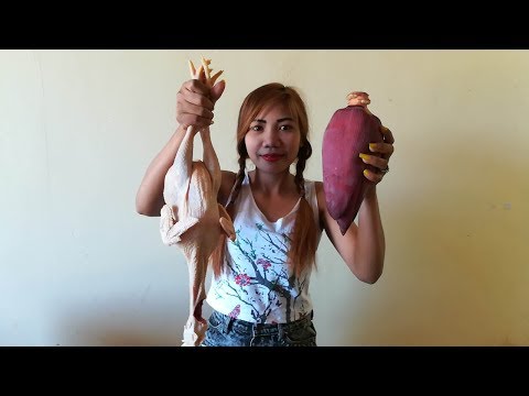 Primitive Beautiful Girl Roast Chicken With Coca Cola and Banana Flower Delicious Food