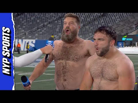 Giants’ Cam Skattebo strips off shirt with Ryan Fitzpatrick in BONKERS postgame scene