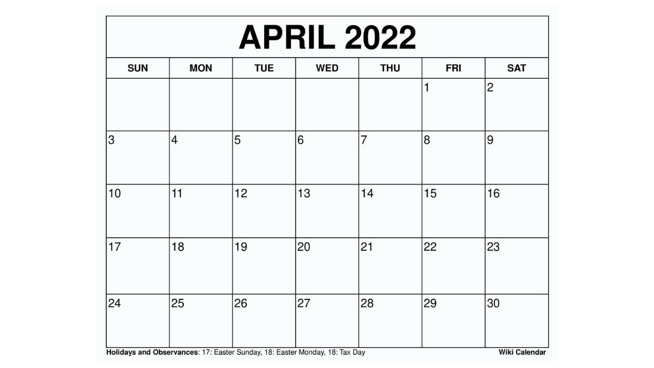 Printable April 2022 Calendar Templates with Holidays - Wiki Calendar