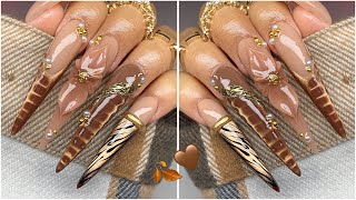 BROWN AUTUMN CATEYE STILETTO NAILS🐻🍂🤎/ TRENDING ACRYLIC NAILS 