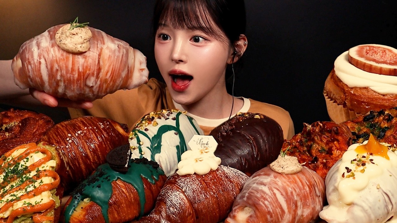 SUB)역대급 비쥬얼 빵 먹방!🥯피스타치오 왁뿌망고 크림가득 실타래빵까지 바삭촉촉 무한 디저트 파티 Cre