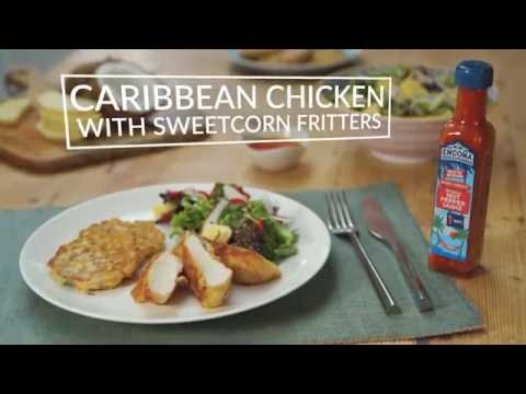 Caribbean chicken with sweetcorn fritters