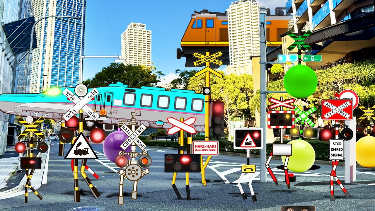 踏切アニメ　行進する世界の踏切　Railroad Crossing and train　fumikiri　　ドクターイエロー　　はやぶさ　新幹線