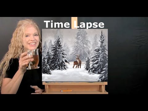 Learn How to Draw and Paint "DEER IN WINTER" - Time Lapse - Fun Beginner Acrylic Painting Lesson