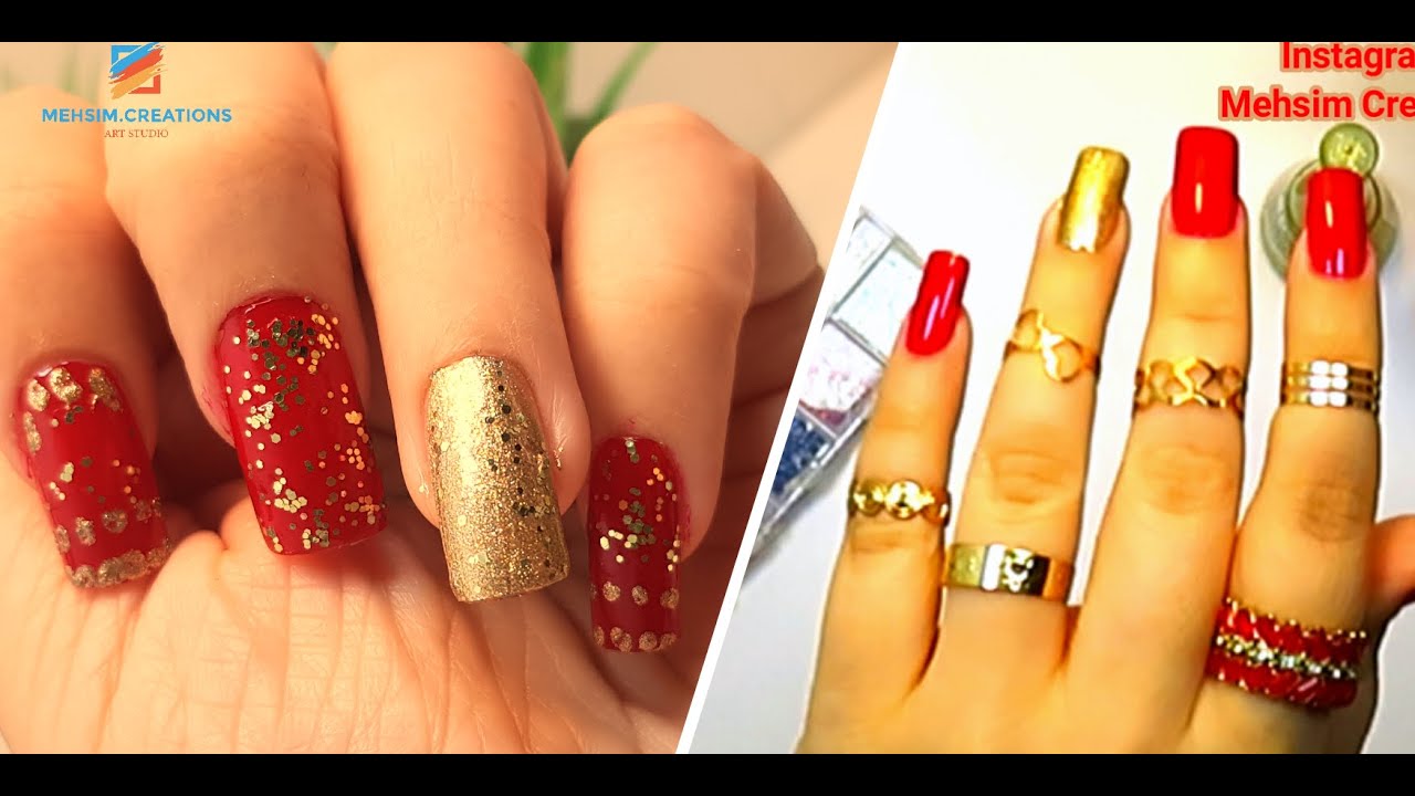 Nail Art Design | DIY Red and Gold Nails ❤| Nail Art | Glitter Nails | Mehsim Creations
