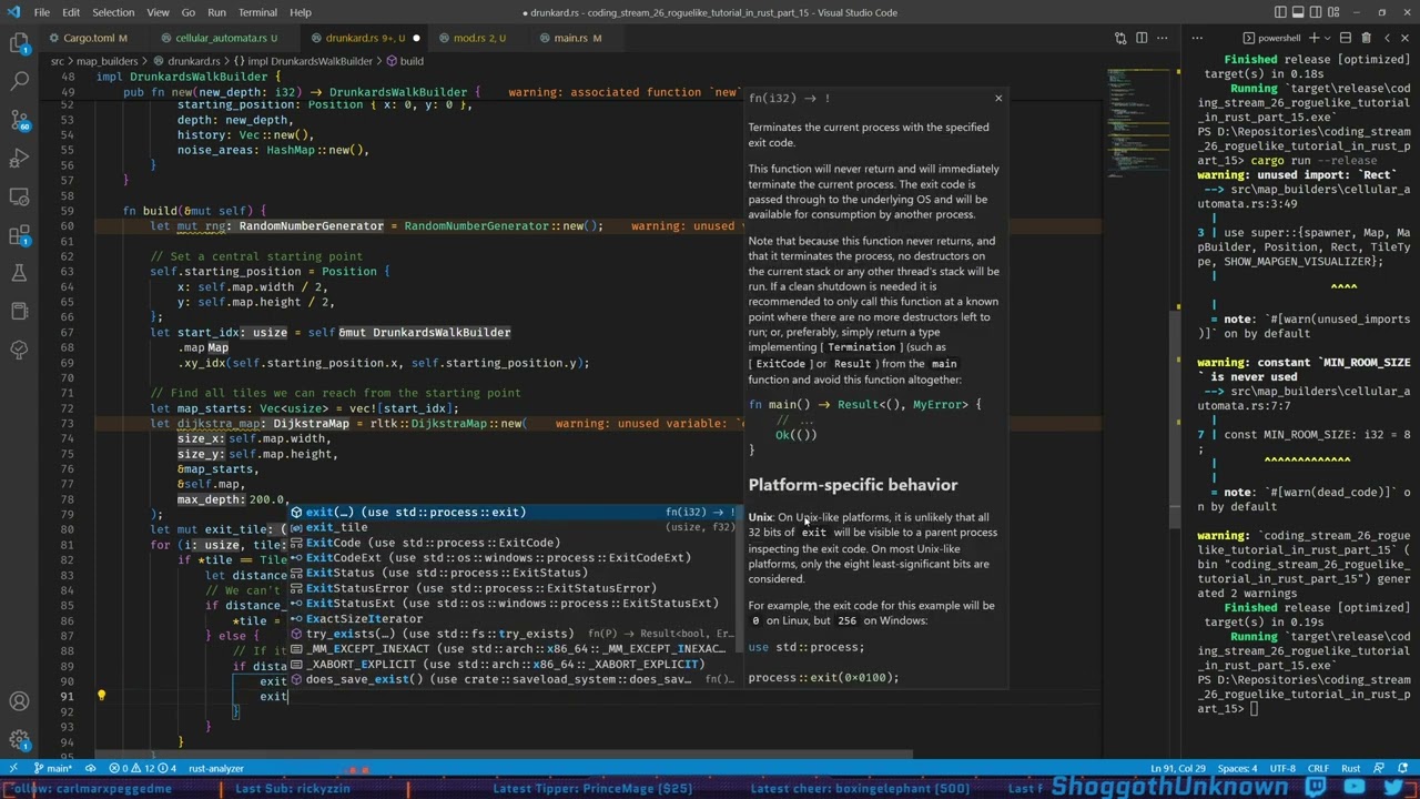 Coding Stream 26 - Roguelike Tutorial in Rust (Drunkard's Walk Map Generation) - 7 December 2022