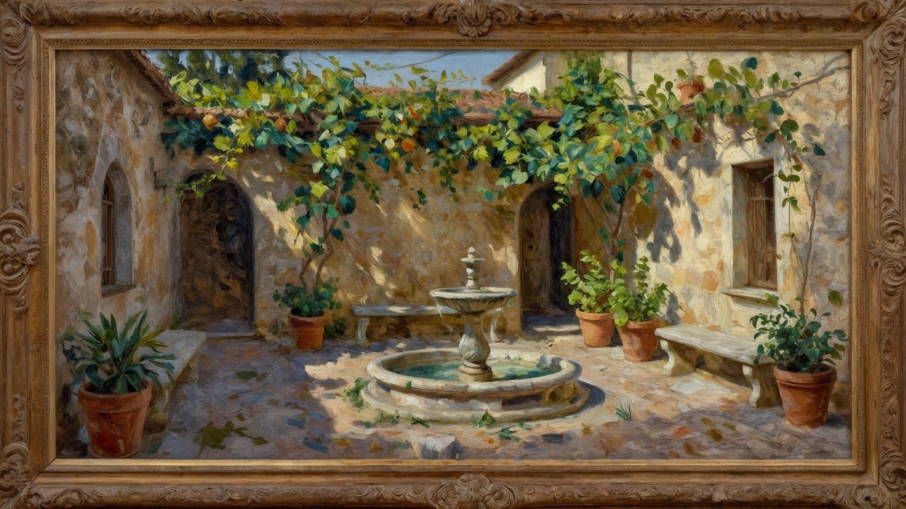 Vintage Mediterranean Courtyard with Stone Fountain  | Art Screensaver for TV  | TV Art 4K