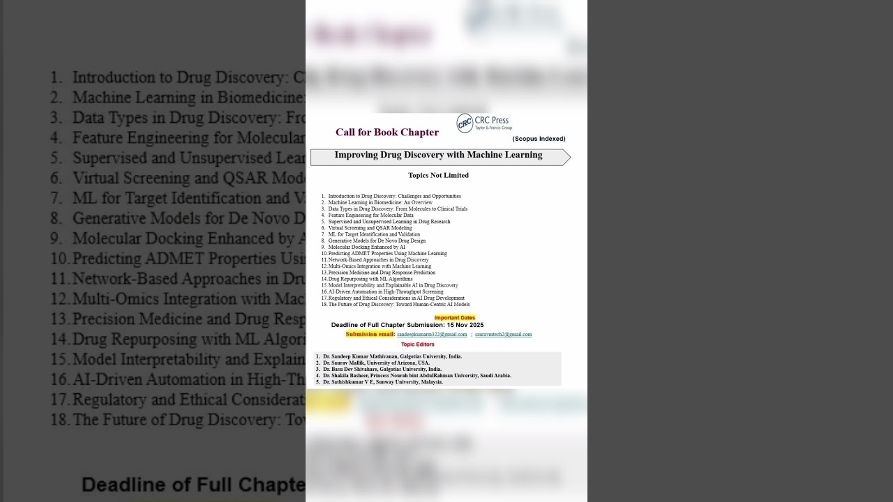 💊 Call for Book Chapters | CRC Press I Improving Drug Discovery with Machine Learning #shorts #yt