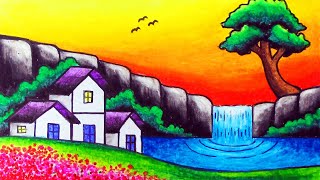 How to Draw Nature Scenery of Waterfall Sunset and