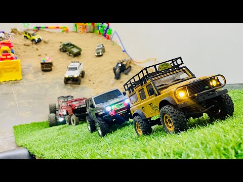 Rc Cars Mega Ramp obstacle climb Land Rover Defender vs Jeep Wrangler vs Toyota Hilux vs Mega trucks