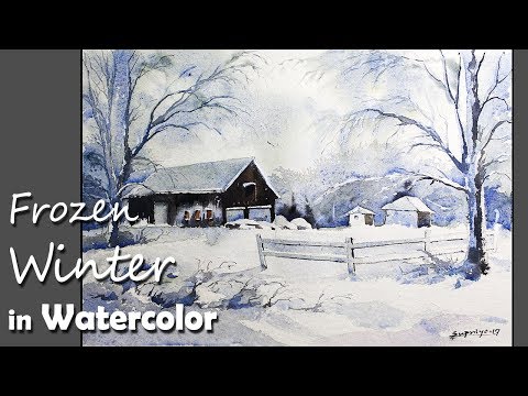 Frozen Winter Landscape Painting in Watercolor
