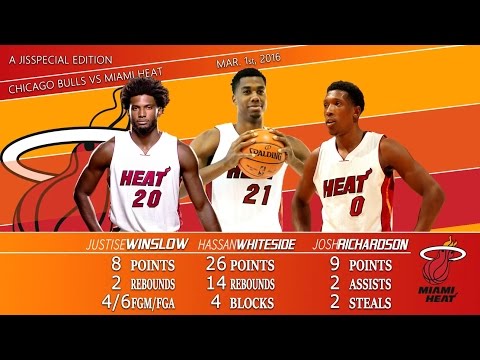 2016.03.01 Bulls vs Heat Winslow, Whiteside, Richardson Highlights, Hassan with 26