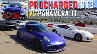 SUPERCHARGED PORSCHE GT3 RACES TURBO PANAMERA & TURBO RAM TRX BEATS GTR