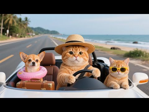 Mama Cat and Kitten Make a Cat Hat to Disguise Puppy Because He's Banned from Swimming in the Sea🐾😼