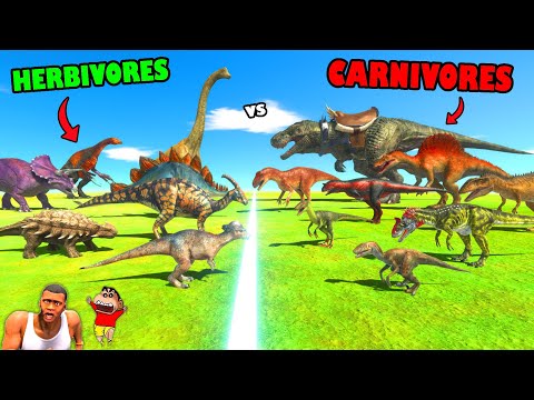 CARNIVORE T-REX TEAM vs HERBIVORE BRACHIOSAURUS TEAM in Animal Revolt Battle Sim w SHINCHAN CHOP