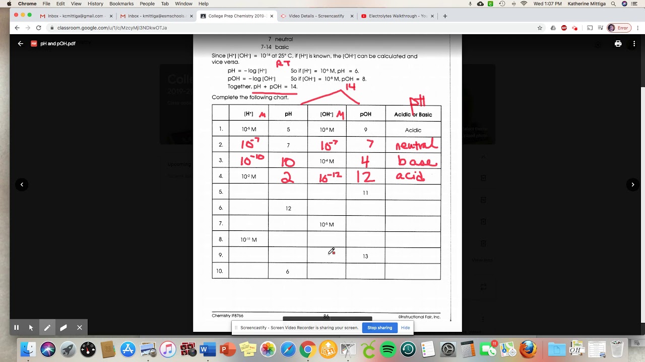 pH and pOH Worksheet Walkthrough