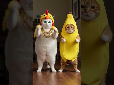 Chubby Cute Cat Does the Chicken Banana Dance Challenge! 🐔🍌v2 #shorts