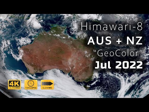 [4K] Himawari-8 AUS + NZ Jul 2022 "GeoColor" Satellite Slo-Mo Time Lapse