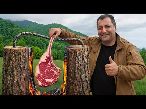 Cooking Juicy Steaks Between Logs For A Delicious Feast