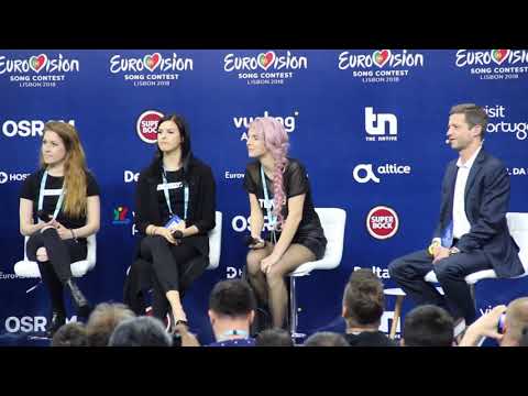 Press conference for Lea Sirk from Slovenia after first rehearsal  at Eurovision Song Contest 2018