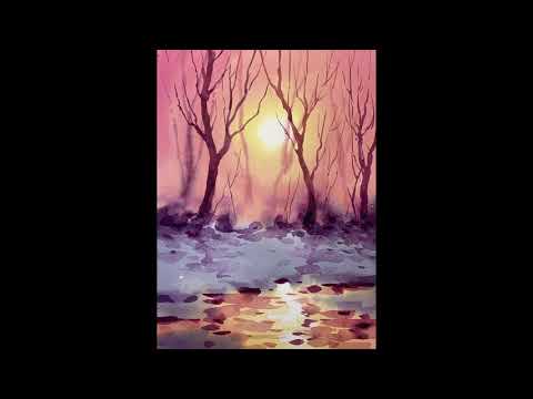 Vinter natur solnedgang akvarel af Uffe Boesen