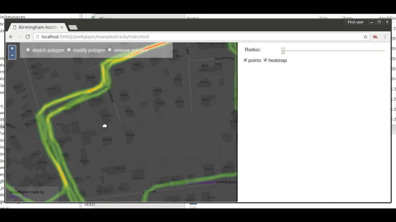Experimental visualization of line based kernel density estimation (KDE) for WebGLayer.