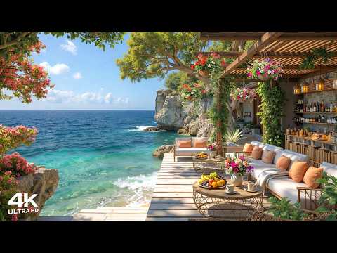 Happy Bossa Nova Jazz Music & Ocean Wave Sounds at Seaside Cafe Ambience for Stress Relief