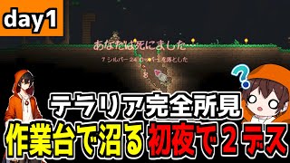 【テラリア初見】マイクラ経験者テラリアで大苦戦！作業台で沼り初夜で2デスしてしまう【切り抜き】Terraria