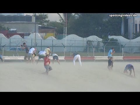 Danger! A340 Jet Blast at Maho Beach - St. Maarten - 2014-01-13