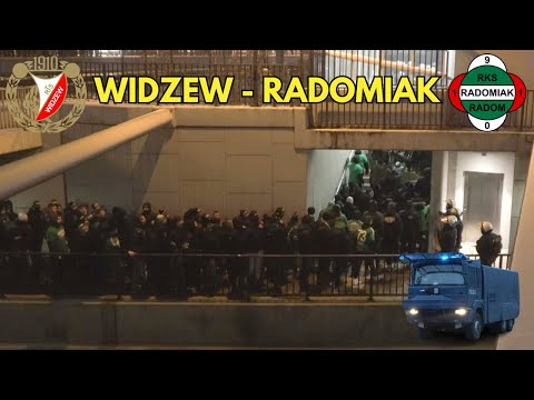 WIDZEW - RADOMIAK:  Przemarsz kibiców Radomiaka, przejazdy alarmowe i akcja Policji