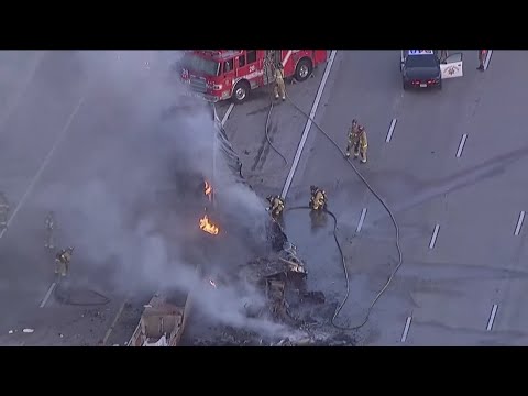 One dead after semi-truck catches fire on southbound I-805 in Mission Valley