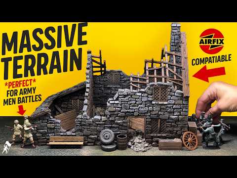 Before and after painting a 3D-printed ruined cottage