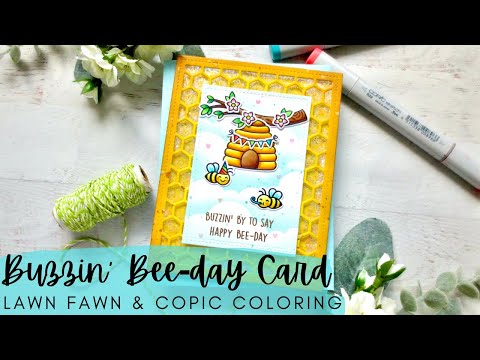 Buzzin' Bee-day Card | Lawn Fawn | Copic Coloring a Shaker Card