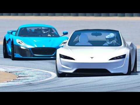 Rimac C Two 2020 vs Tesla Roadster at Laguna Seca