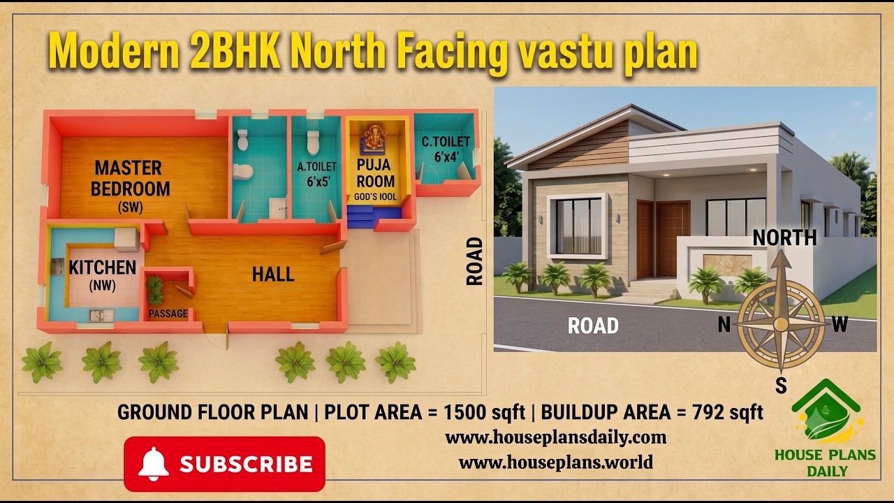 Modern 2BHK North Facing Vastu Plan | Beautiful Home Layout