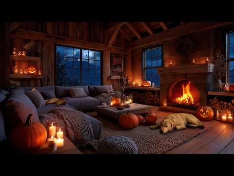 Thunderstorm & Fireplace Sounds for Sleep | Cozy Autumn Rain & Halloween Night Ambience
