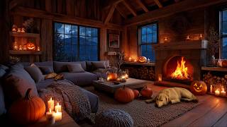 Thunderstorm in Cozy Autumn Cabin | Crackling Fireplace, Pumpkins & Halloween Ambience